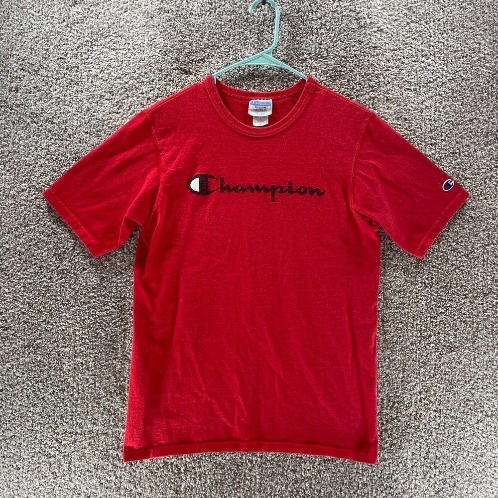 Vintage Champion Shirt Mens Medium Red Short Sleeve Ringer Spell Out Logo Cotton